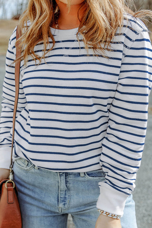 Stripe Print Basic Plus Size Long Sleeve Top