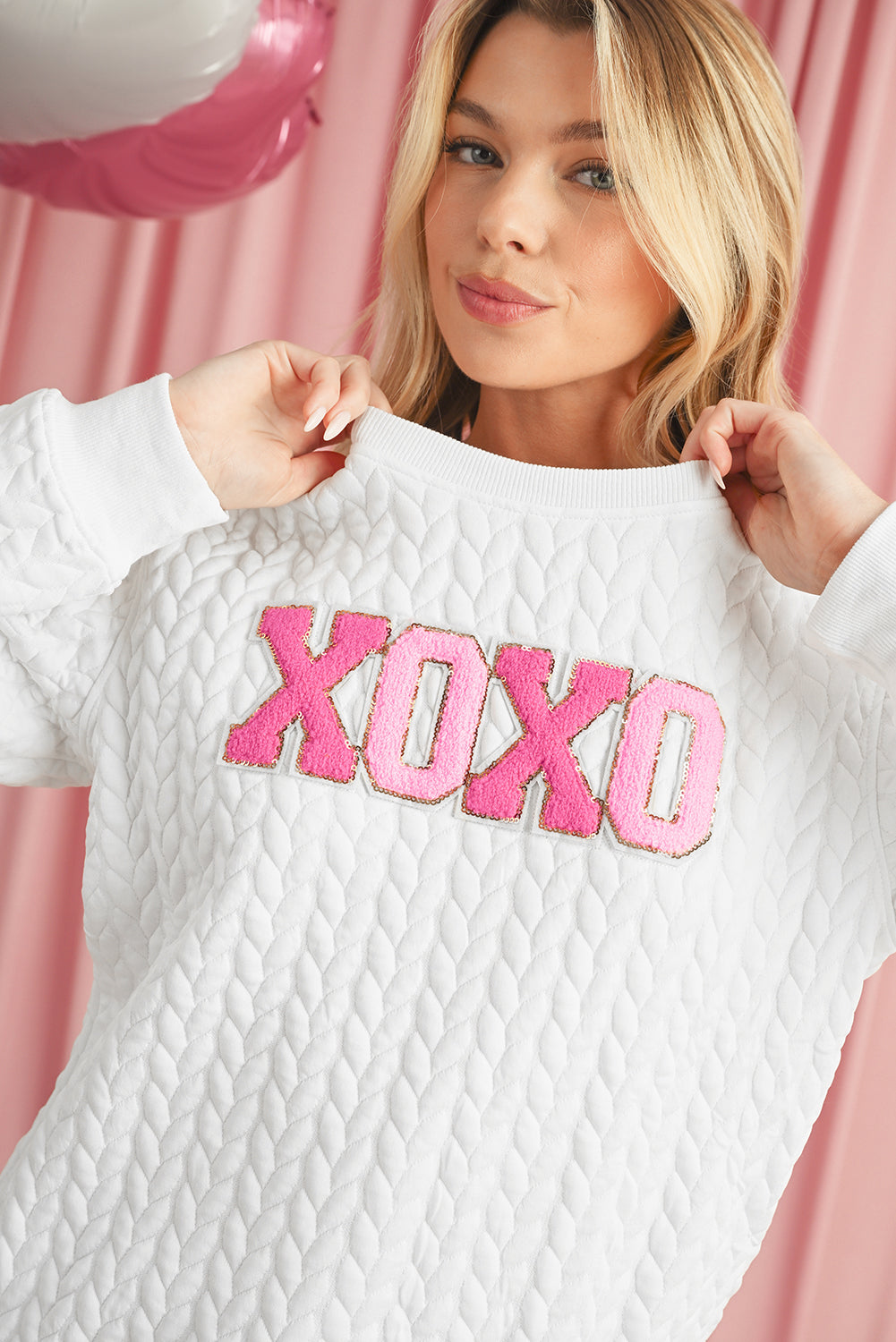 White Quilted Valentine Love Heart Shape Graphic Sweatshirt