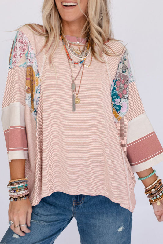 Pink Striped and Floral Color Block Patchwork Oversized Top