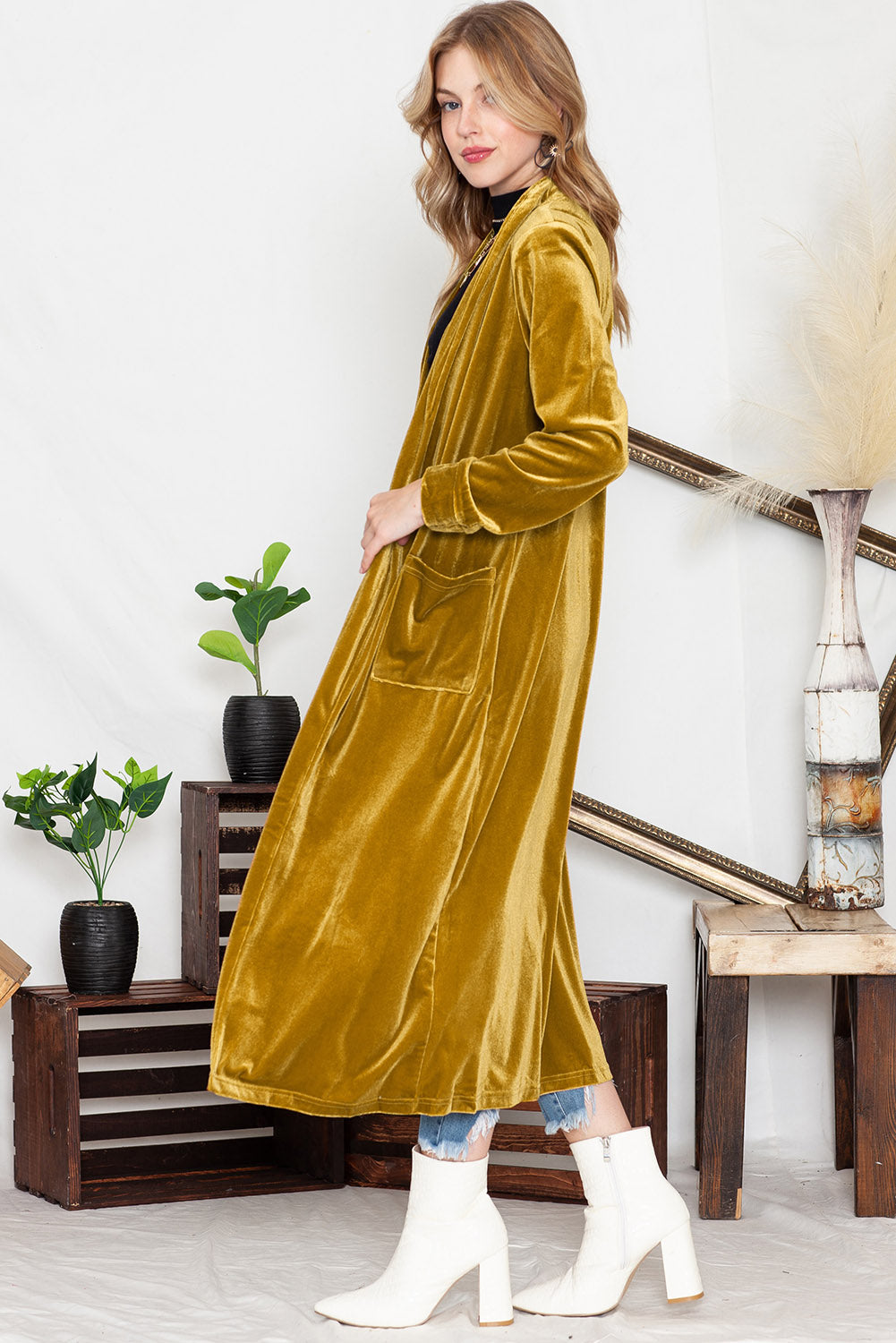 Green Velvet Elegant Pocket Open Front Long Cardigan available 11/15 in several color choices