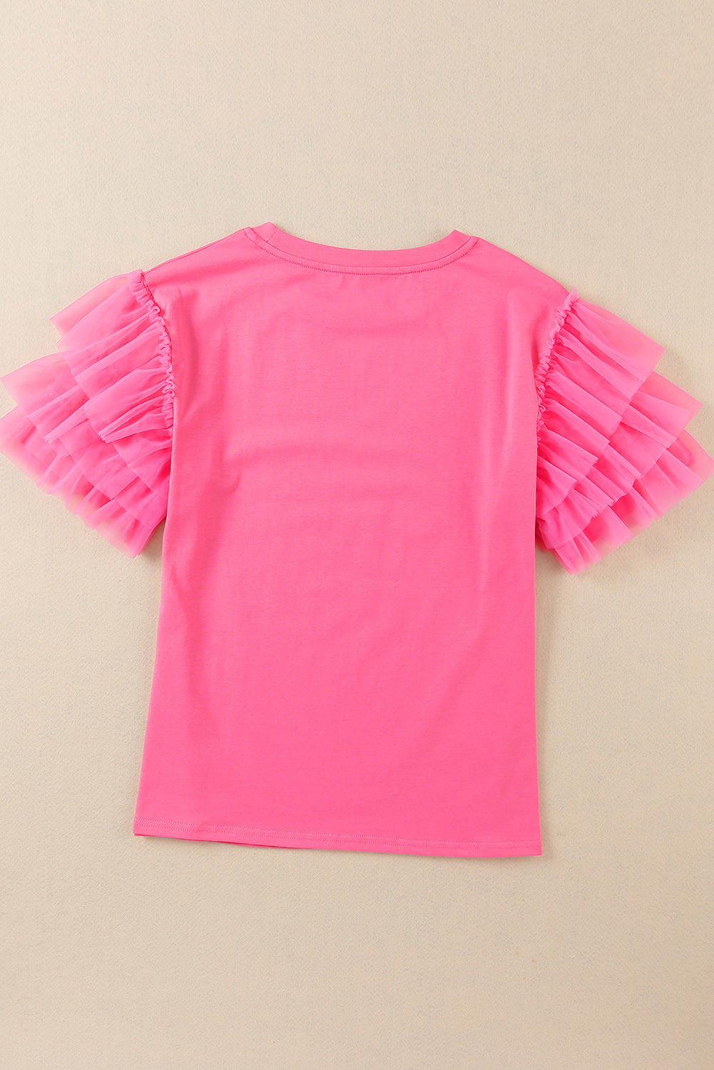 Pink Plain Tulle Round Neck Ruffle Sleeve Blouse