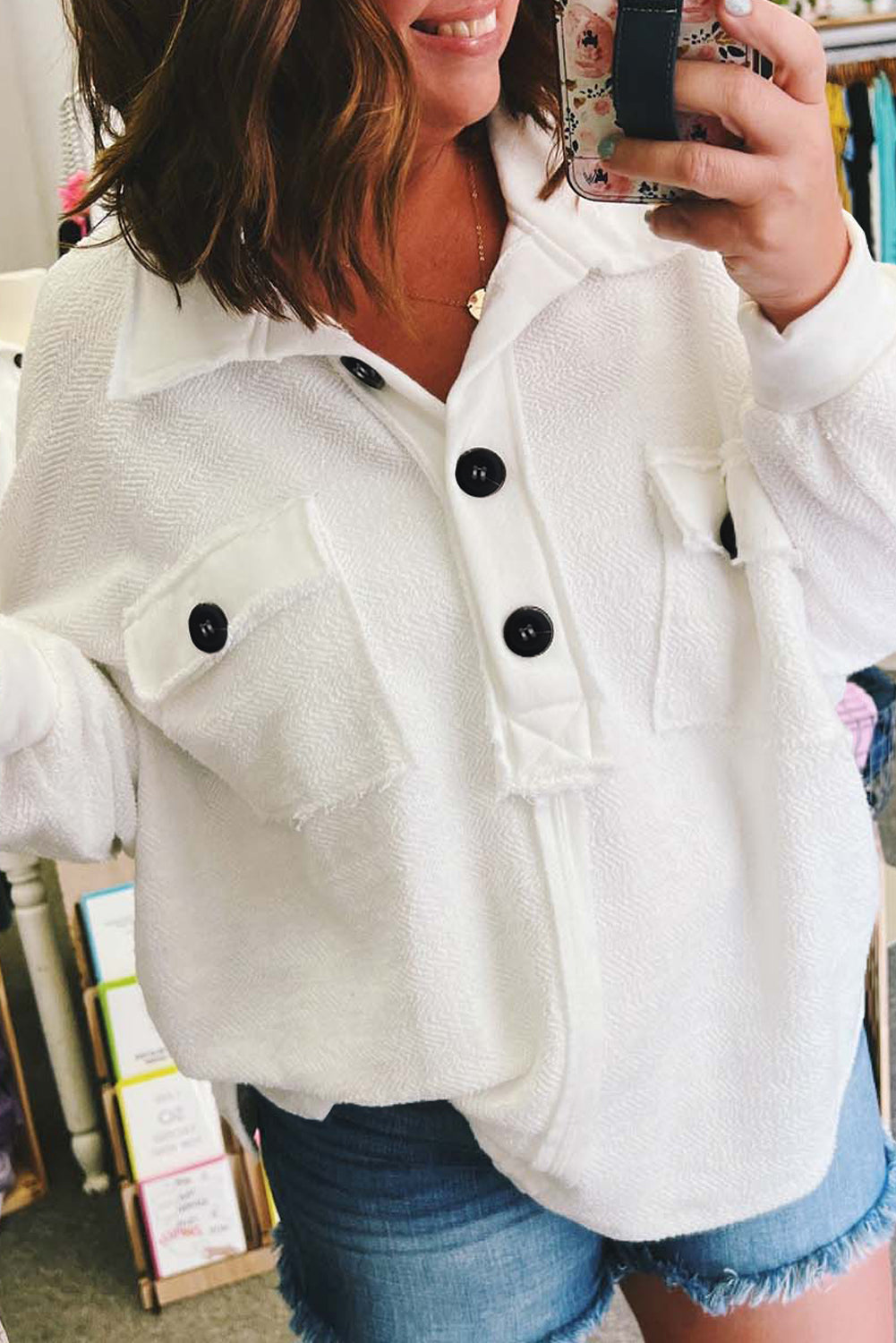 White Plus Size Long Sleeve Flap Pocket Henley Top