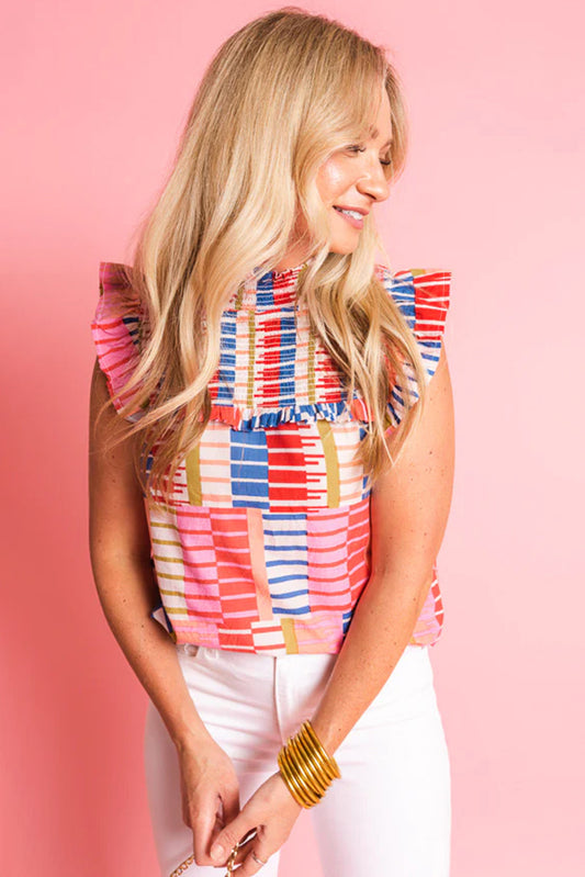 Multicolour Stripe Smocked Ruffle Sleeveless Stand Neck Blouse