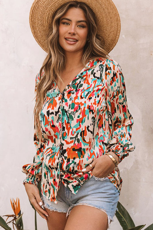 Multicolor Abstract Print Boho V Neck Shirred Cuffs Blouse