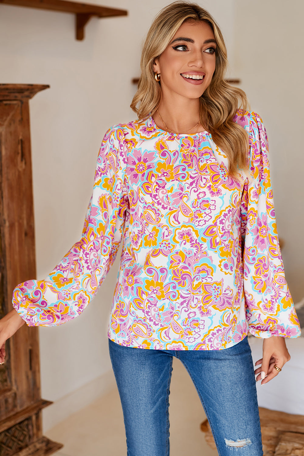 Purple Boho Paisley Printed Peasant Sleeve Top