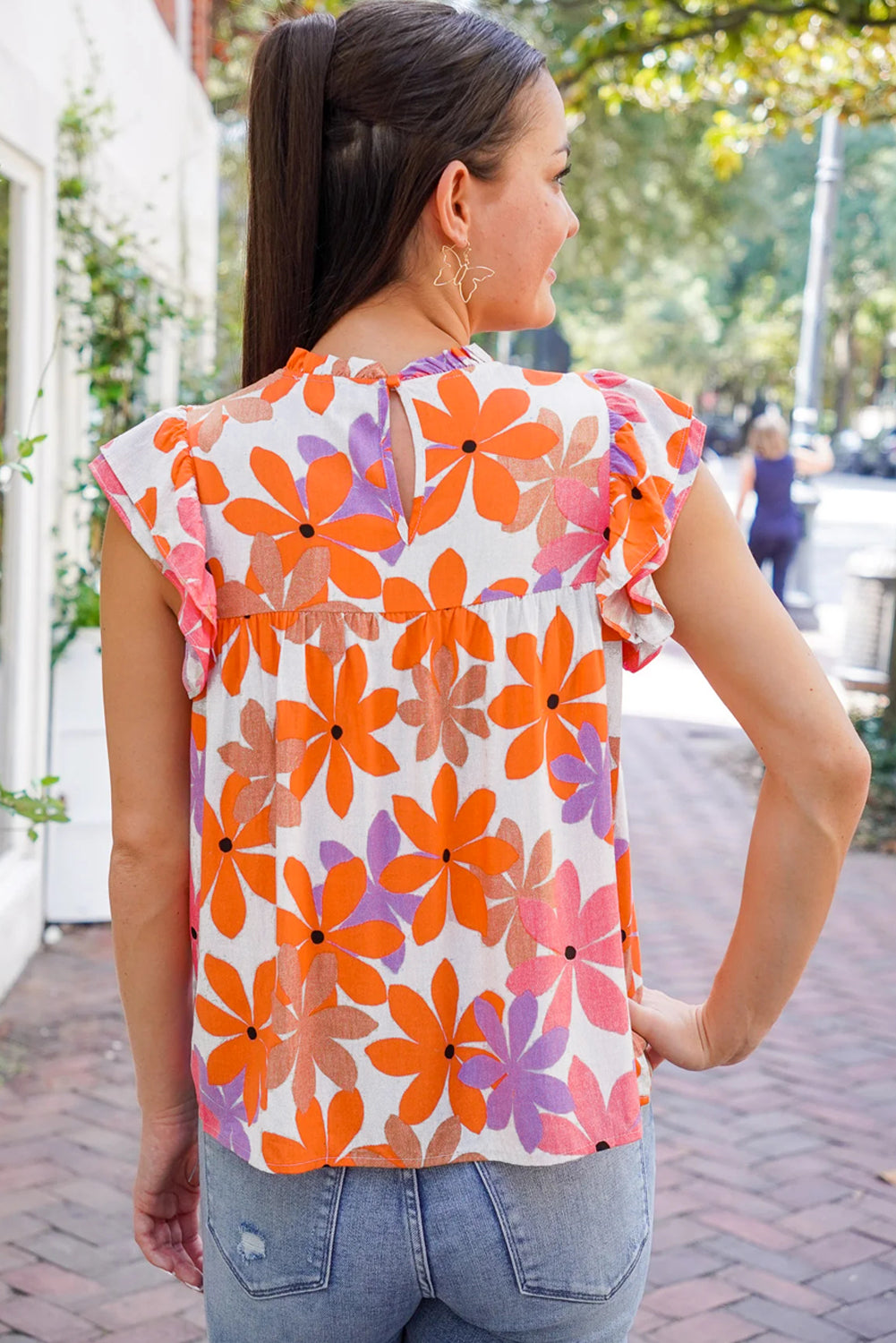 Orange Boho Floral Print Ruffled Sleeve Smocked Shirt