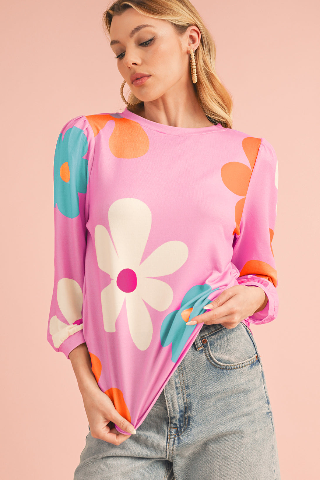 Apricot Flower Print Ruched Bracelet Sleeve Top