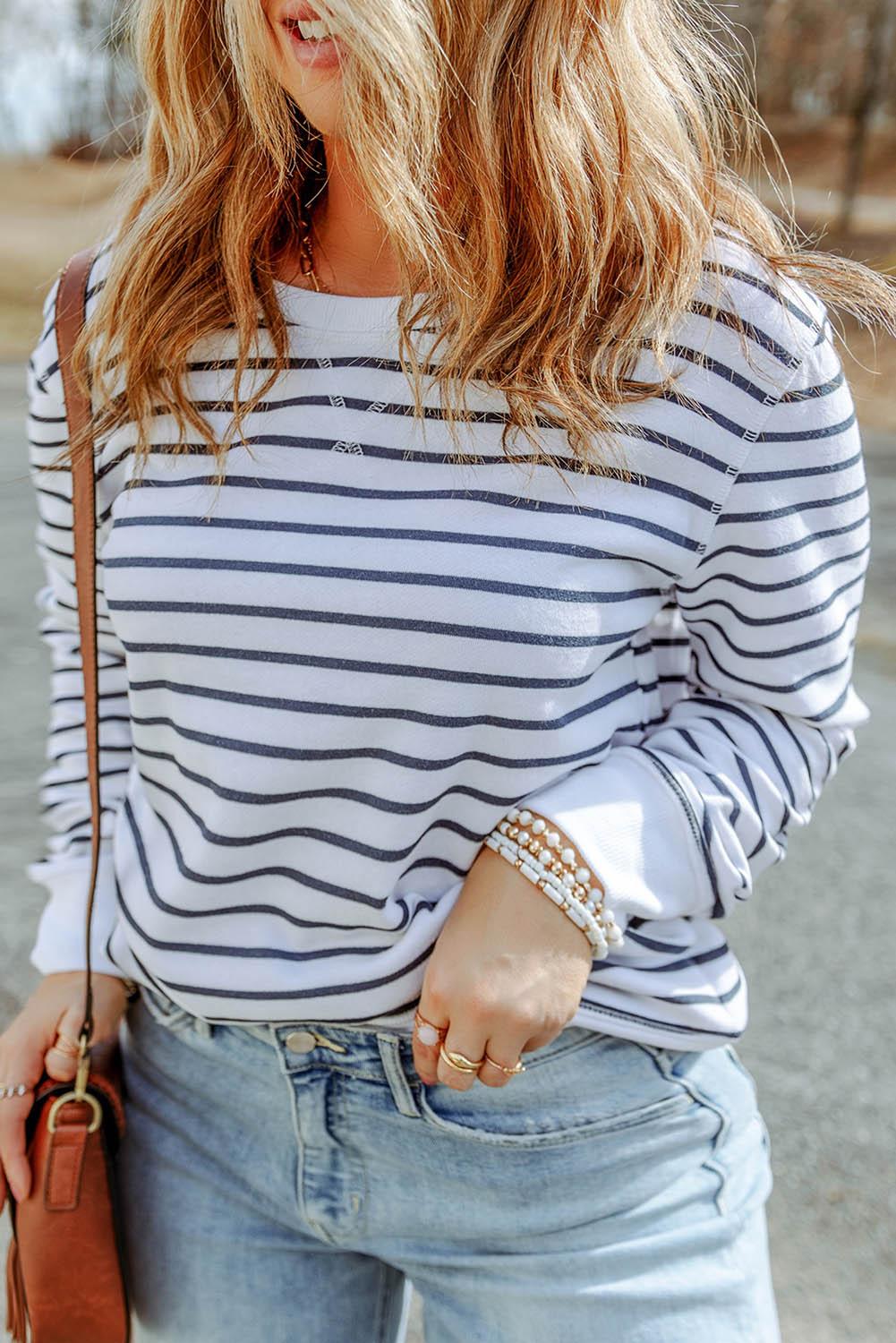 Stripe Print Basic Plus Size Long Sleeve Top