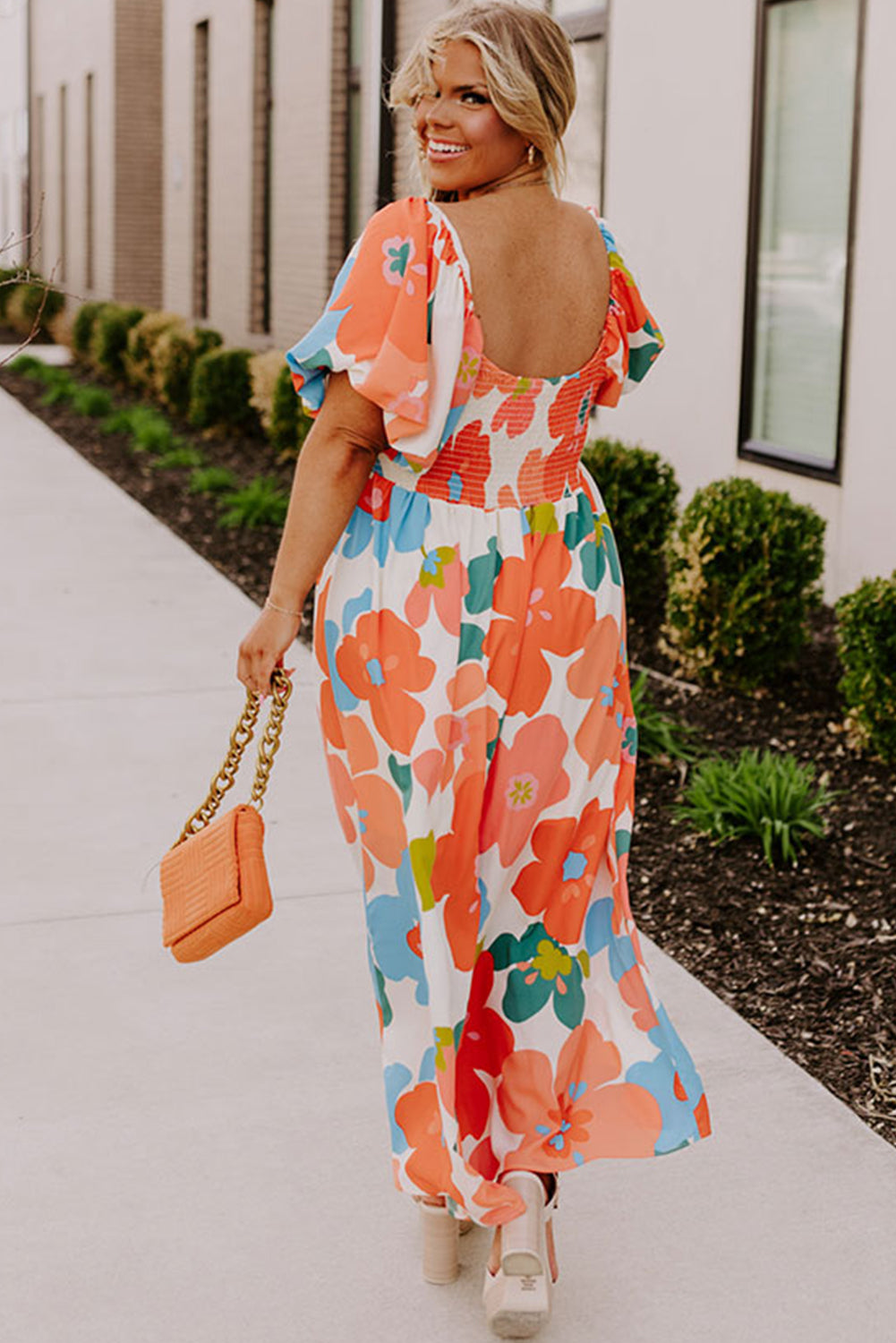 Orange Plus Size Floral Print Square Neck Maxi Dress