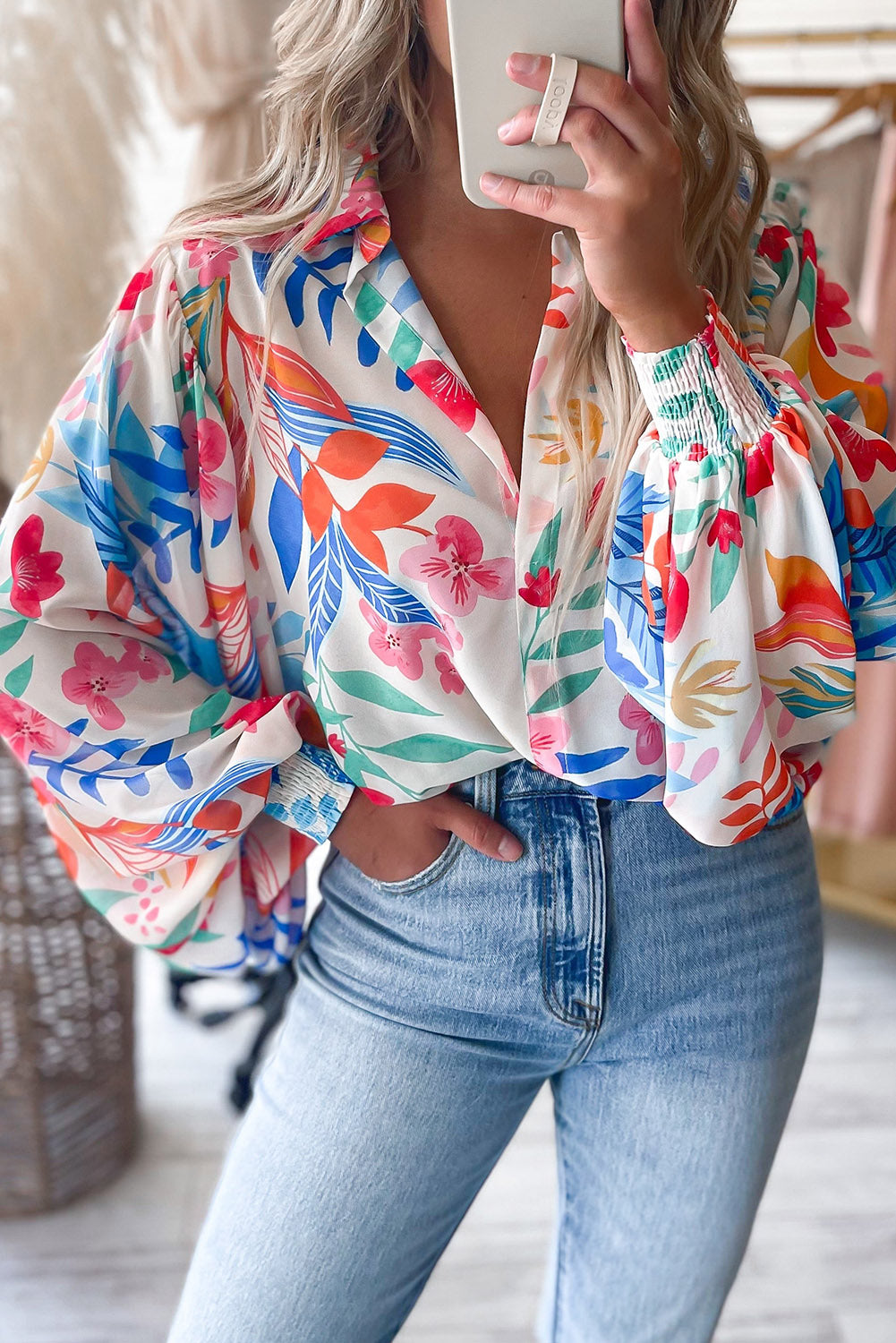 Multicolor Floral Print Boho Bishop Sleeve Collared Shirt