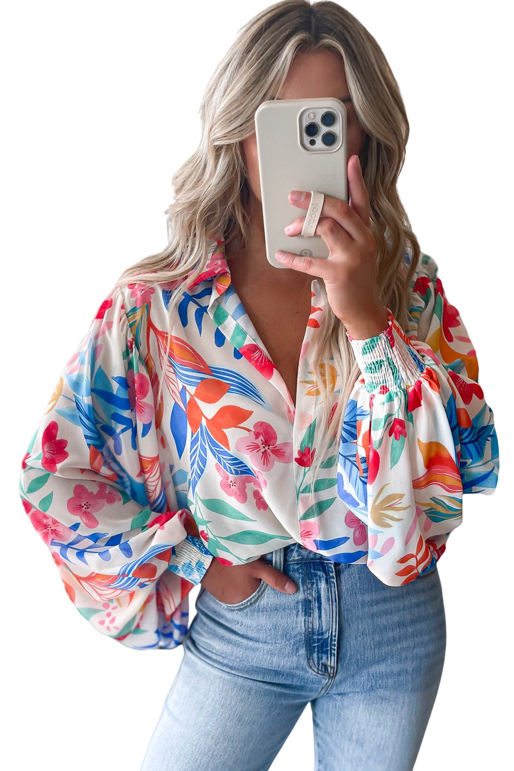 Multicolor Floral Print Boho Bishop Sleeve Collared Shirt