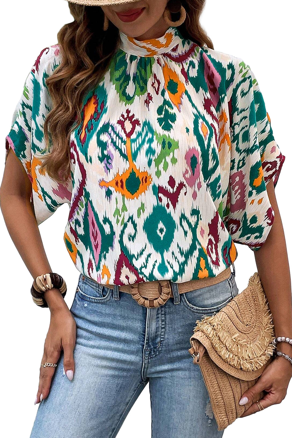 Multicolor Abstract Print Knot Back Half Sleeve Blouse