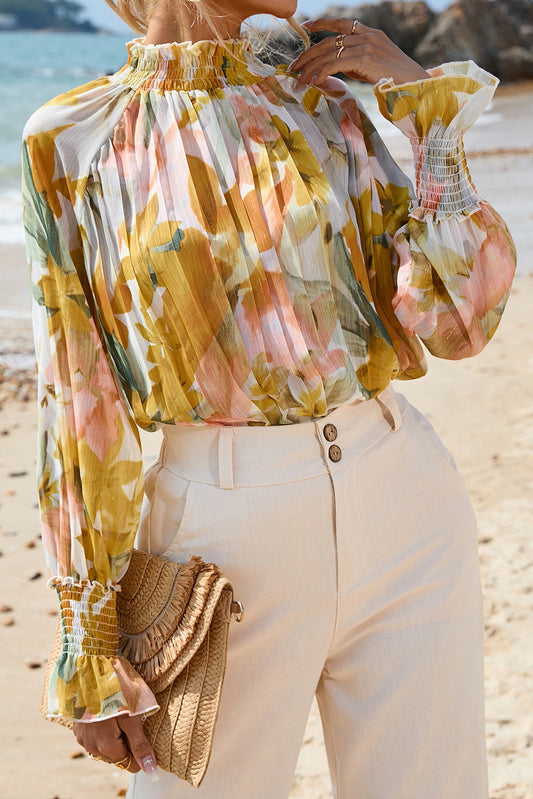 Yellow Floral Print Flounce Sleeve Mock Neck Blouse