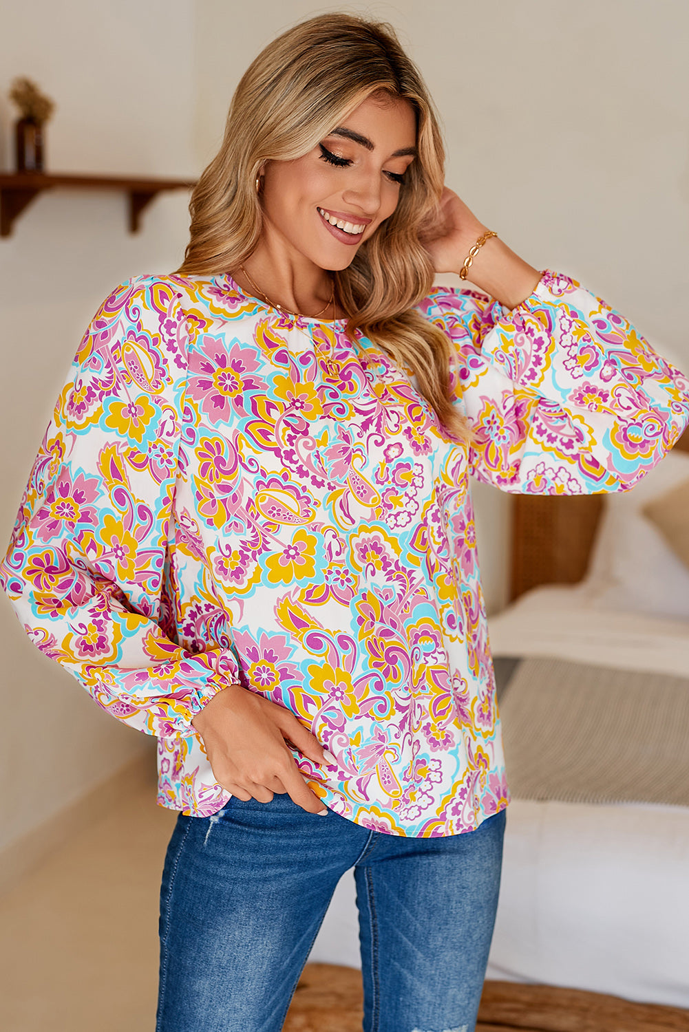 Purple Boho Paisley Printed Peasant Sleeve Top