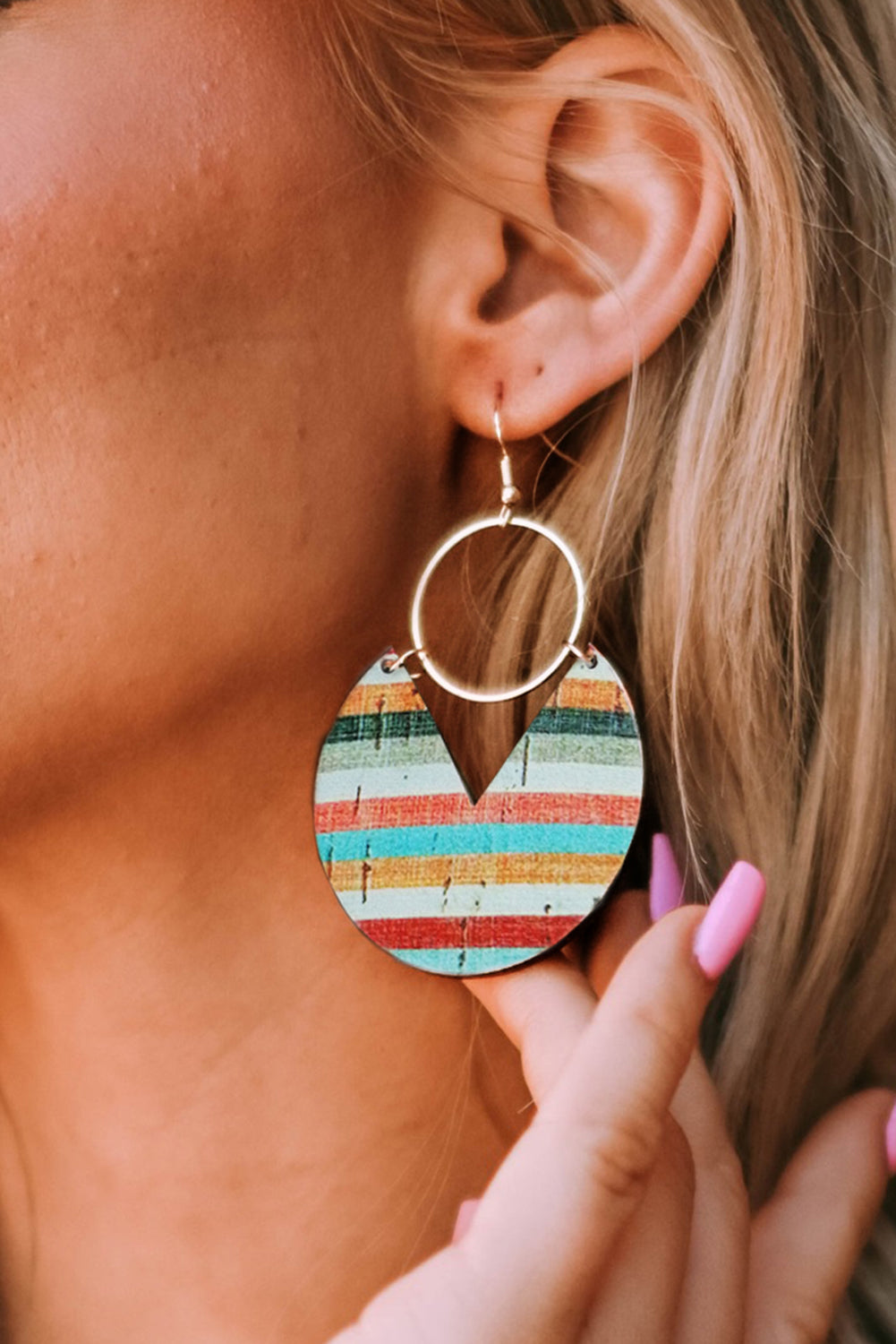 Multicolor Rainbow Stripe Pattern Notch Round Wooden Pendant Earrings