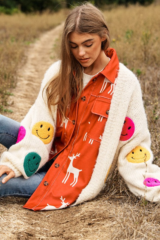 The Fuzzy Smile Long Bell Sleeve Knit Cardigan Emoji