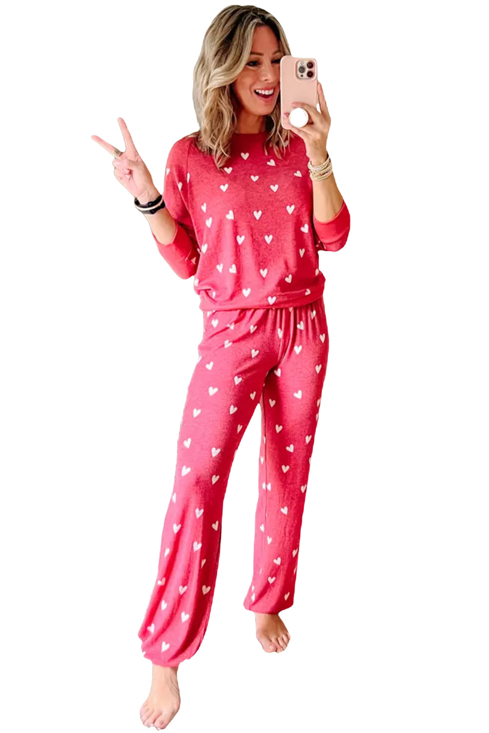 Red Heart Print Raglan Sleeve Loungewear Set