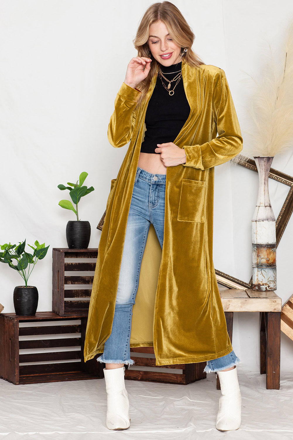 Green Velvet Elegant Pocket Open Front Long Cardigan available 11/15 in several color choices