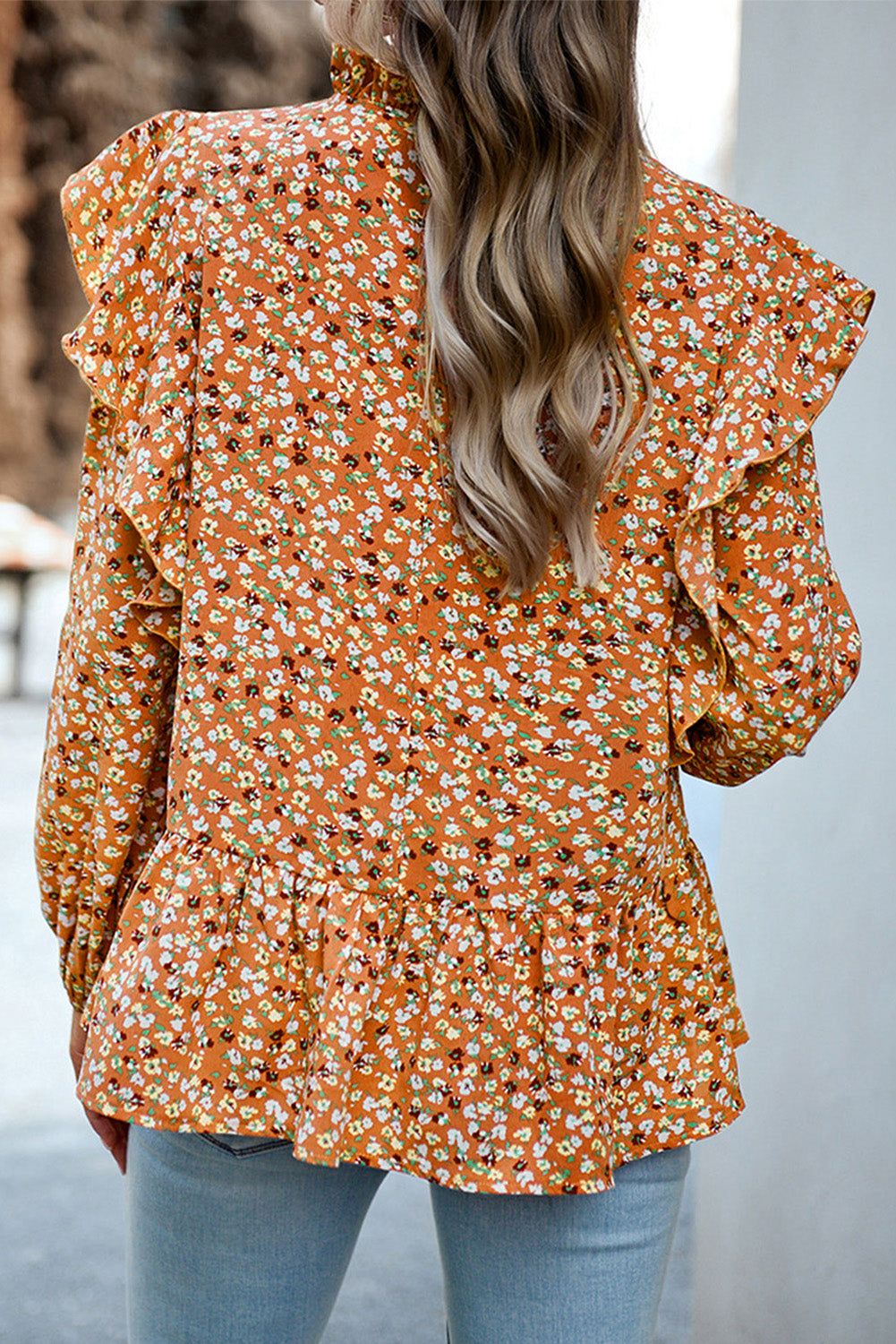 Orange Ditsy Floral Boho Ruffle Long Sleeve Blouse