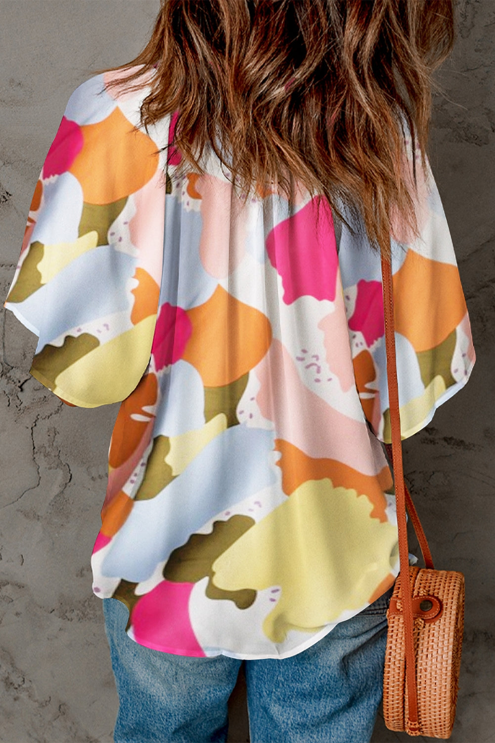 Multicolor Abstract Print Flutter Sleeve V Neck Blouse