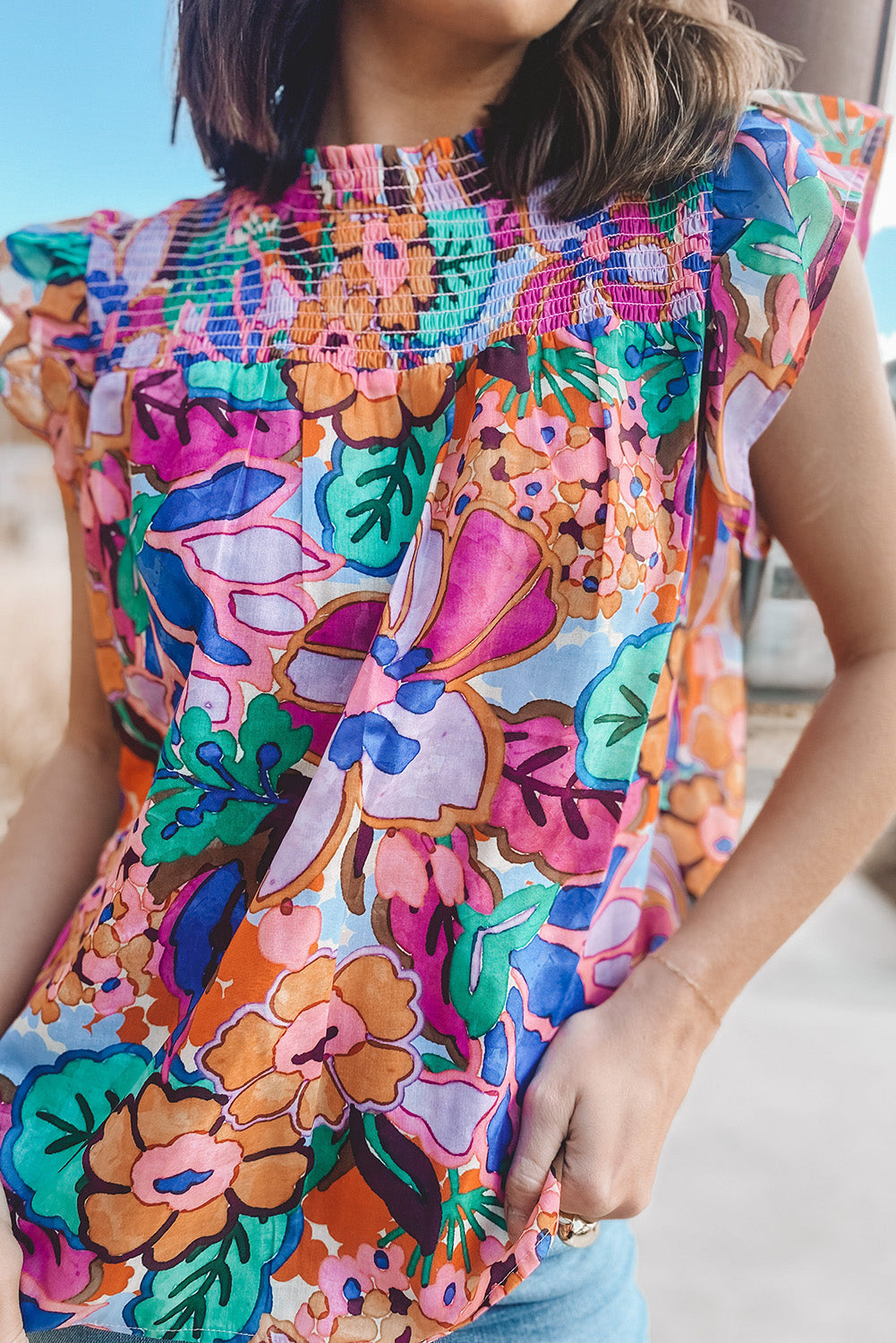 Multicolor Floral Print Ruffle Sleeveless Smocked Blouse