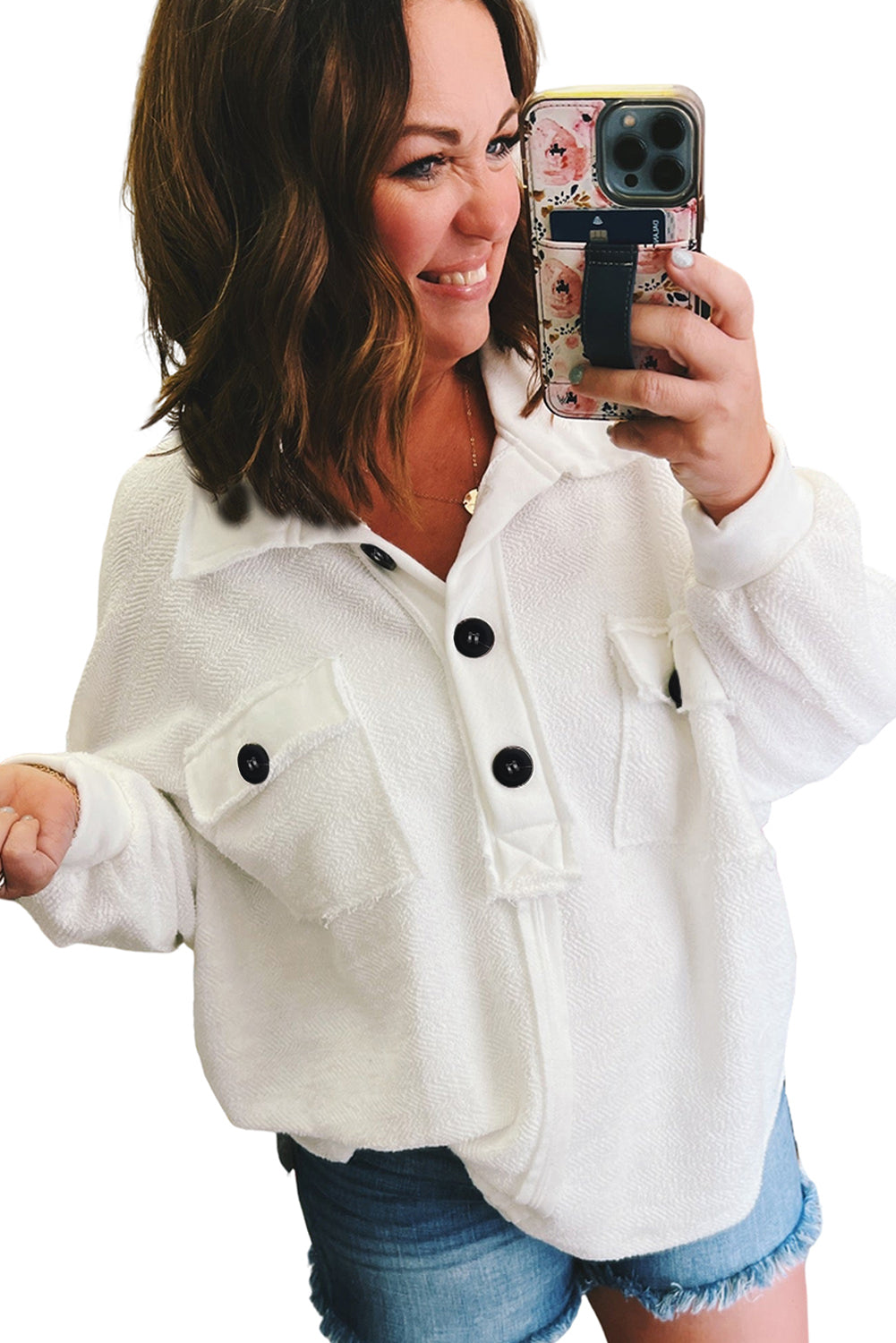 White Plus Size Long Sleeve Flap Pocket Henley Top