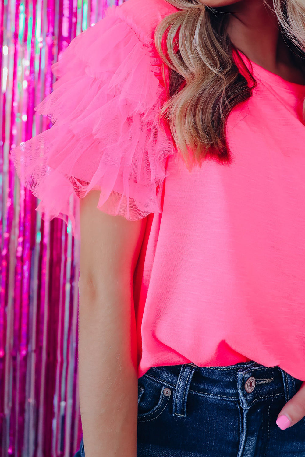 Pink Plain Tulle Round Neck Ruffle Sleeve Blouse