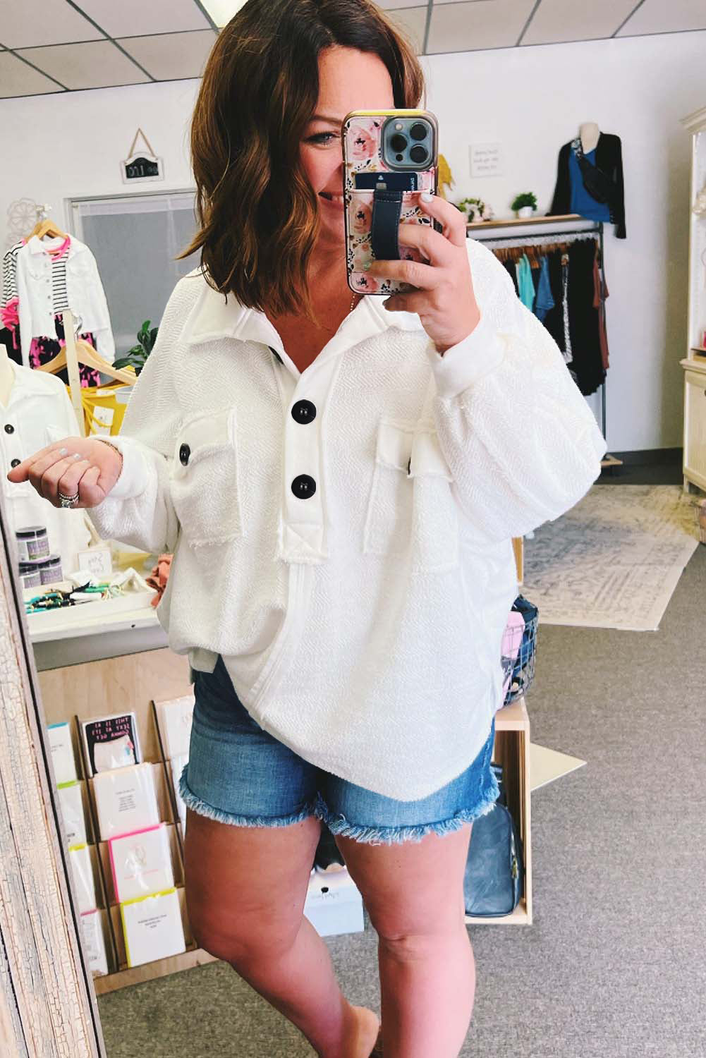 White Plus Size Long Sleeve Flap Pocket Henley Top