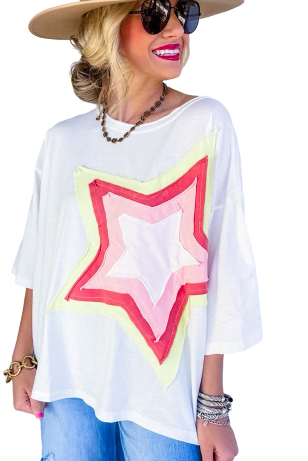 White Colorblock Star Patched Half Sleeve Oversized Tee