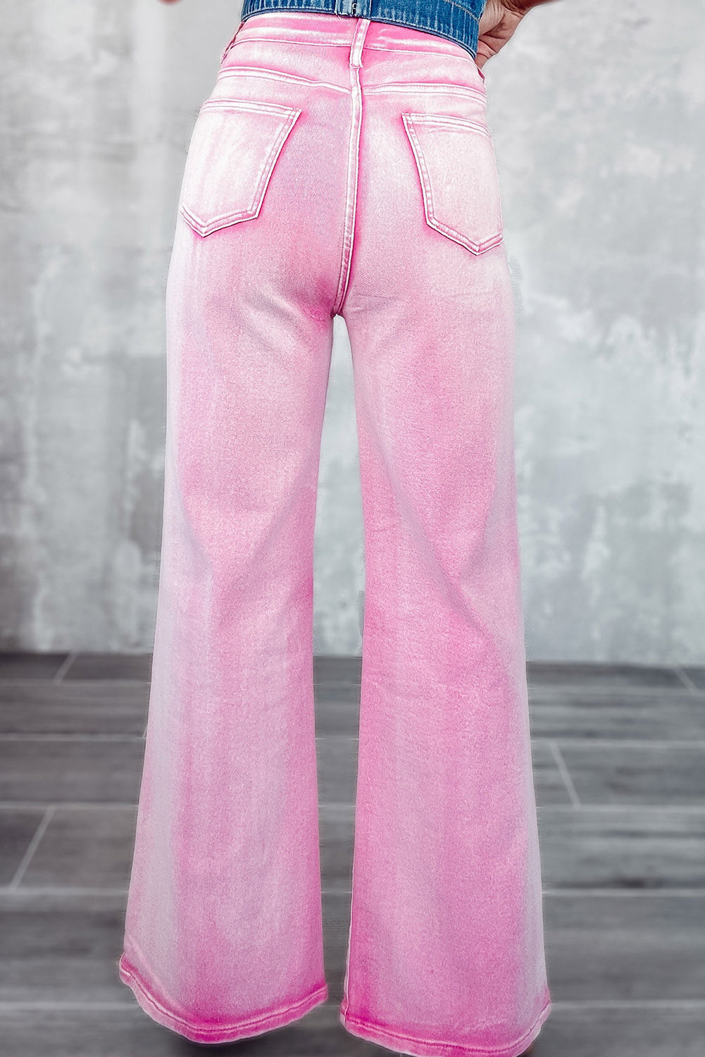 Pink Washed Rhinestone Cutout High Waist Wide Leg Jeans