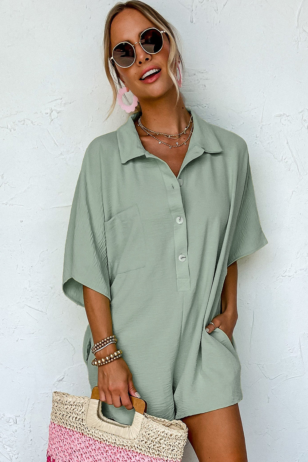 Spinach Green Plain Half Button Collared Pocket Loose Romper