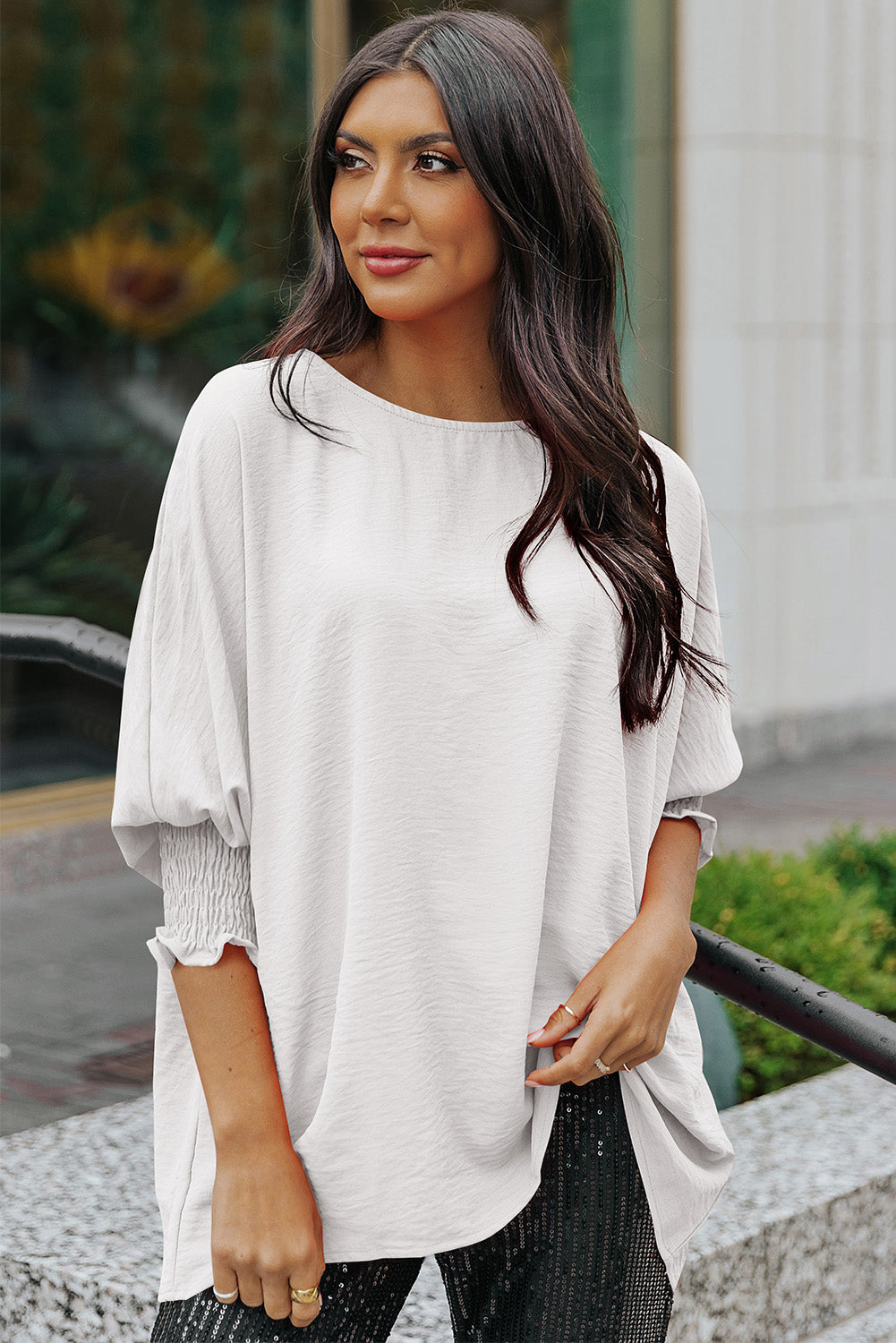 White Plain & Casual Shirred Cuffs Half Sleeve Top