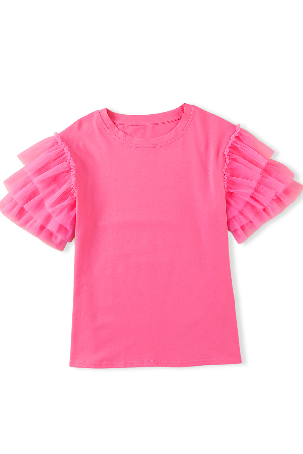 Pink Plain Tulle Round Neck Ruffle Sleeve Blouse