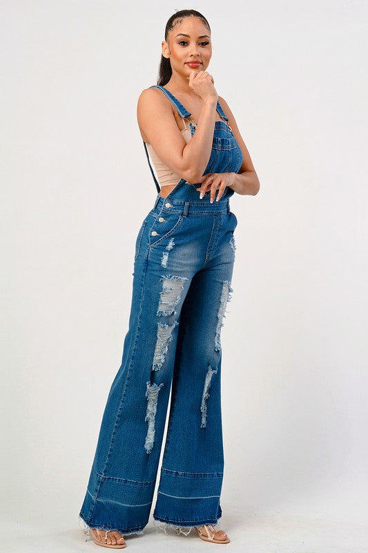 Stylish Stretch Denim Distressed Overalls Flare Leg Jeans