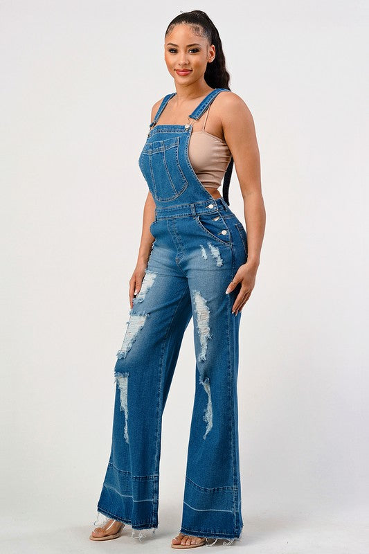 Stylish Stretch Denim Distressed Overalls Flare Leg Jeans