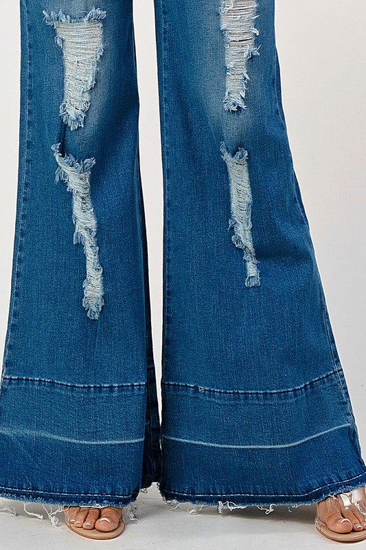 Stylish Stretch Denim Distressed Overalls Flare Leg Jeans