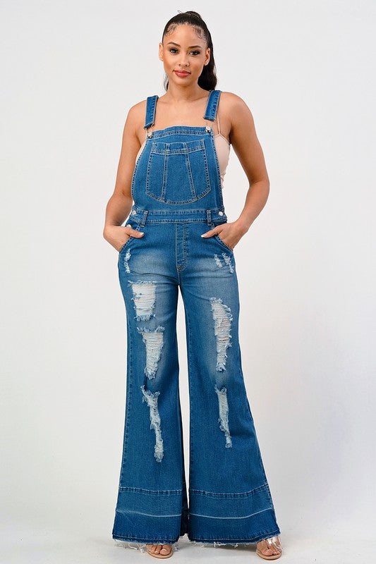 Stylish Stretch Denim Distressed Overalls Flare Leg Jeans