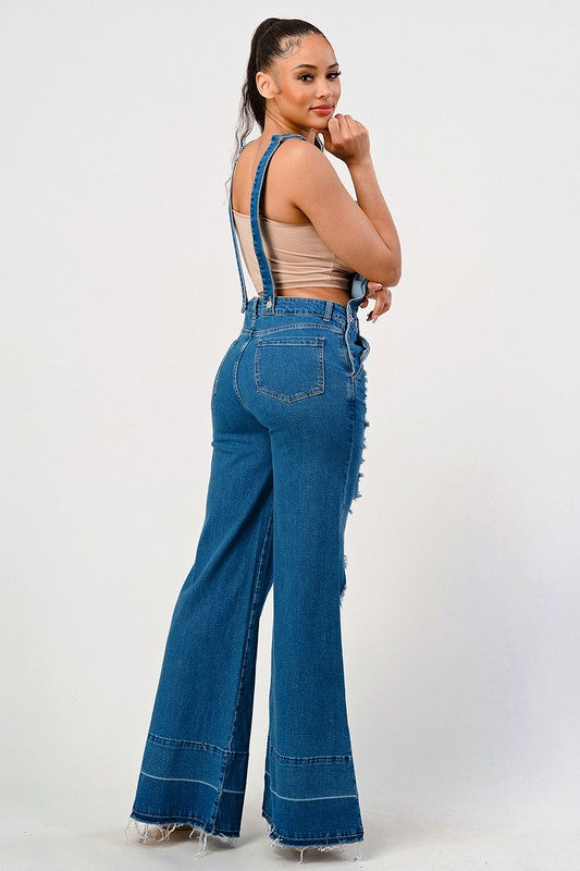 Stylish Stretch Denim Distressed Overalls Flare Leg Jeans