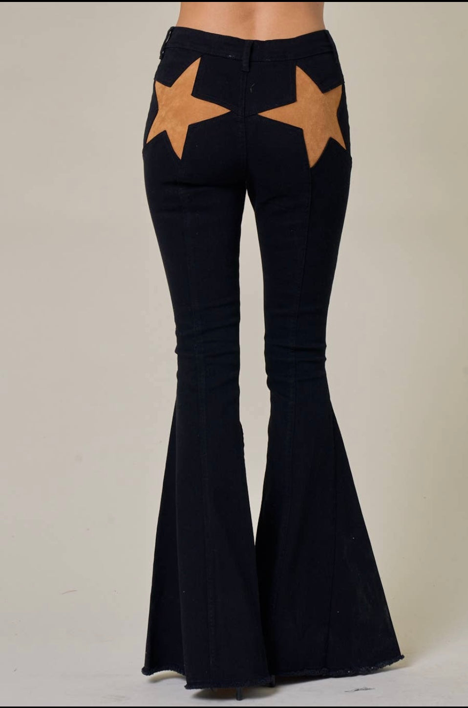 Wisteria Lane Black High Rise Ultra Flare Bell Bottom Suede Star Back Pocket Jeans